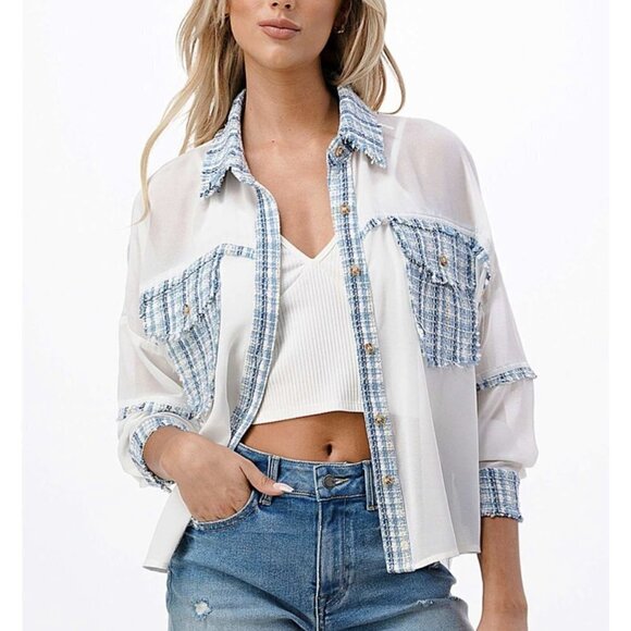Dance & Marvel Sheer White Button Down Woven Shirt Size Large NWT - Picture 1 of 16